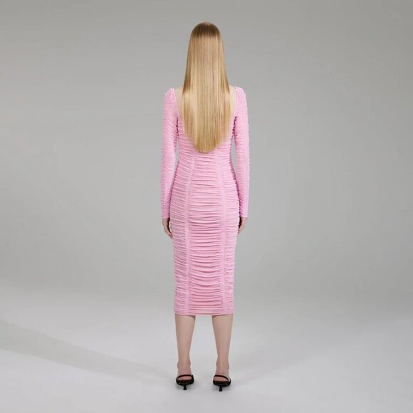 NEW! Self Portrait Pink Power Mesh Long Sleeve Midi Dress Pink - Picture 4 of 11